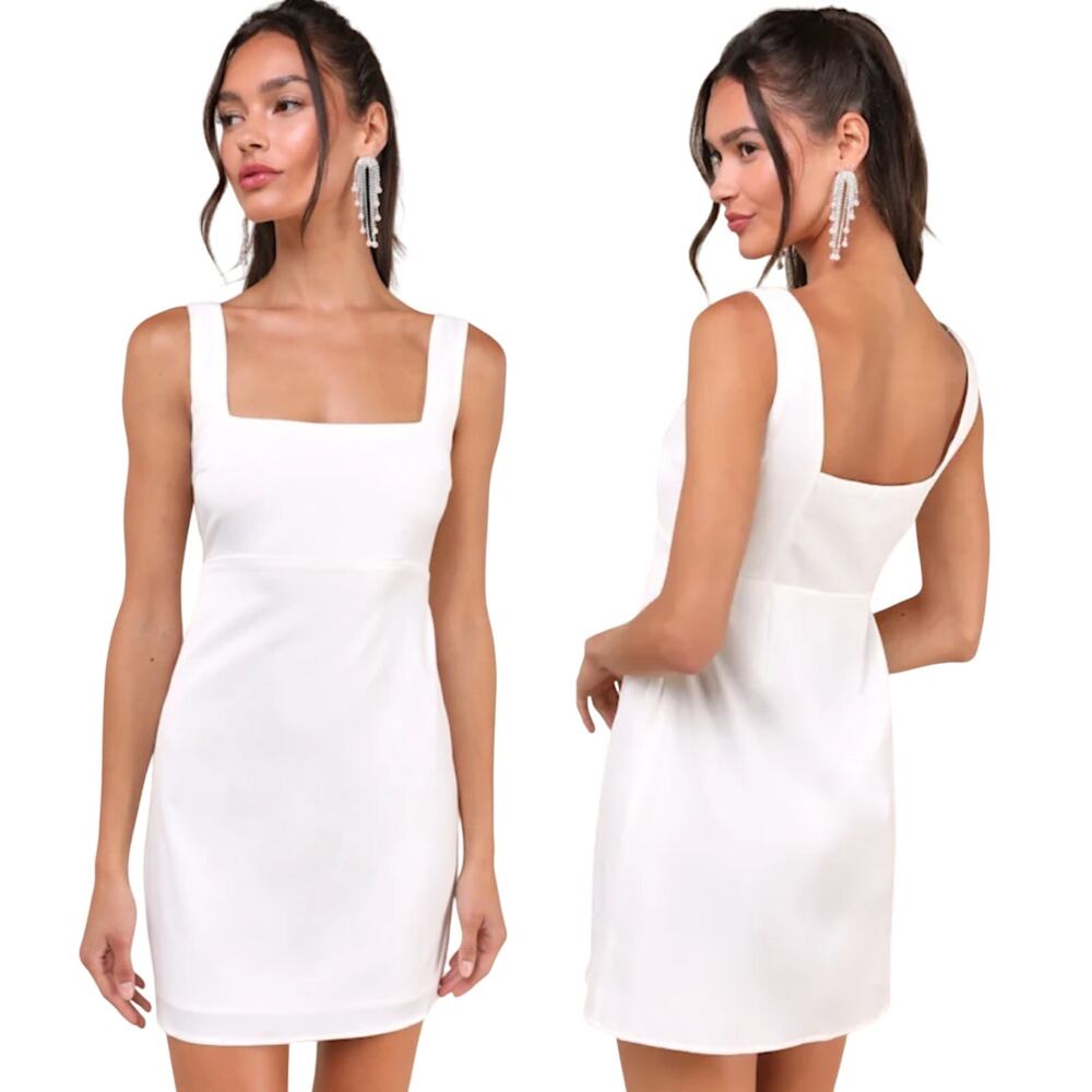 Lulus Satin Mini Dress Square Neck Empire Waist A Line Tank White NEW Womens M